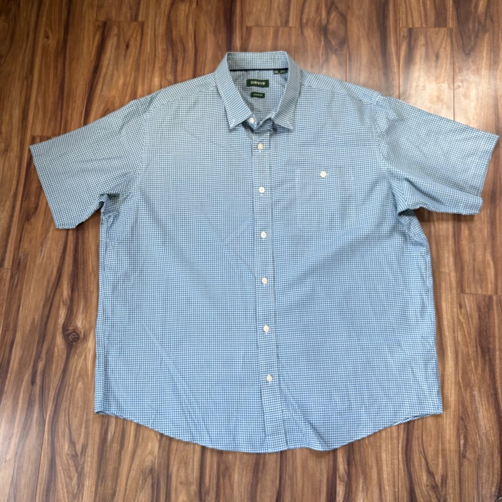 Orvis Mens XXL Short Sleeve Button Down Shirt Blue White Gingham Wrinkle Free